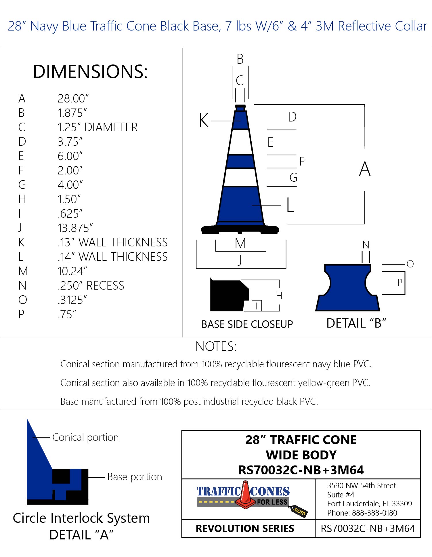 28" Blue Traffic Cone Black Base, 7lbs w/ 6" & 4" 3M Reflective Collar