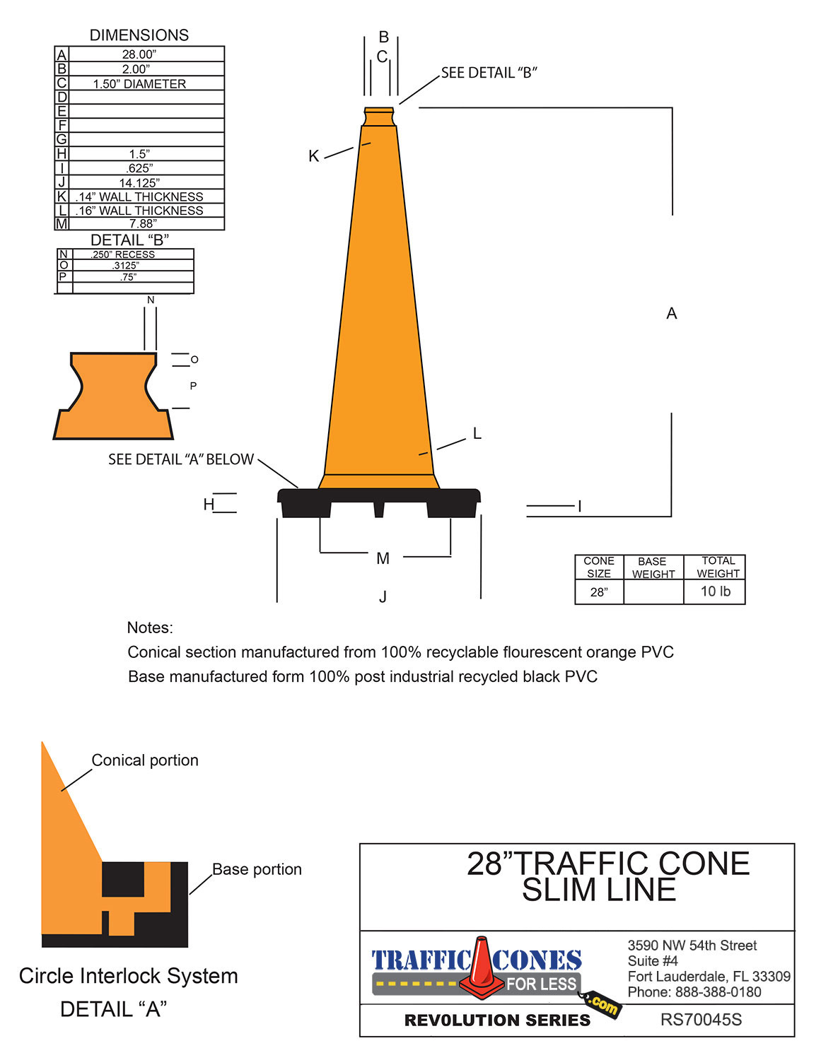28" Slim Line Orange Traffic Cone Black Base, 10lbs Traffic Cones For