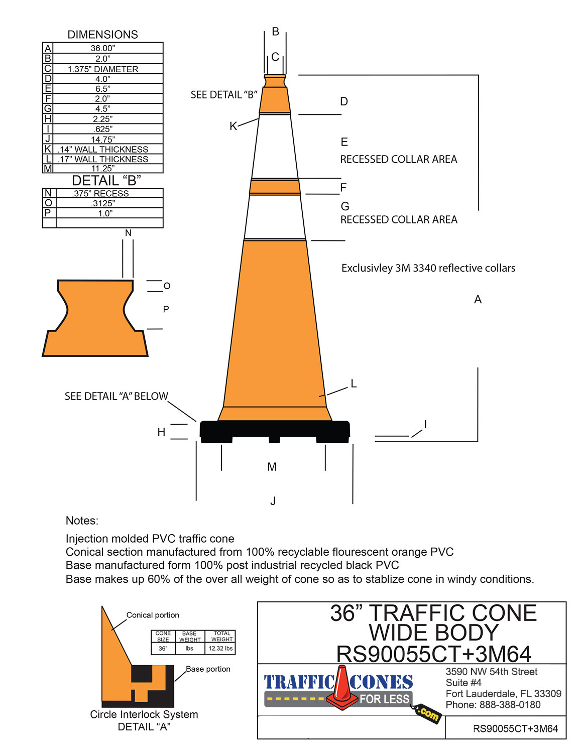 FREE STENCIL Florida DOT Approved Traffic Cone 36" 12 lb w/2 Collars