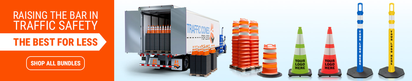 raffic Cones For Less promotional banner. Left side features orange background with white text reading \'Raising the Bar in Traffic Safety – The Best For Less\' and a red button labeled \'Shop All Bundles.\' Right side shows images of traffic safety produ