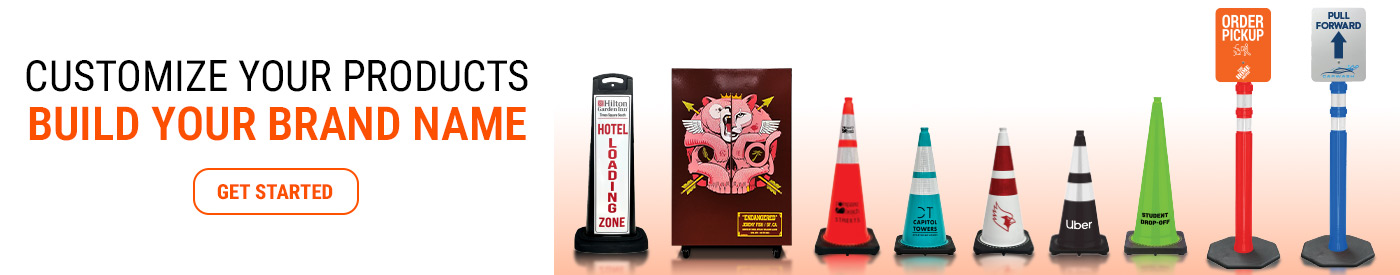 Custom safety products - branded traffic cones delineators, valet podiums, vertical sign panels