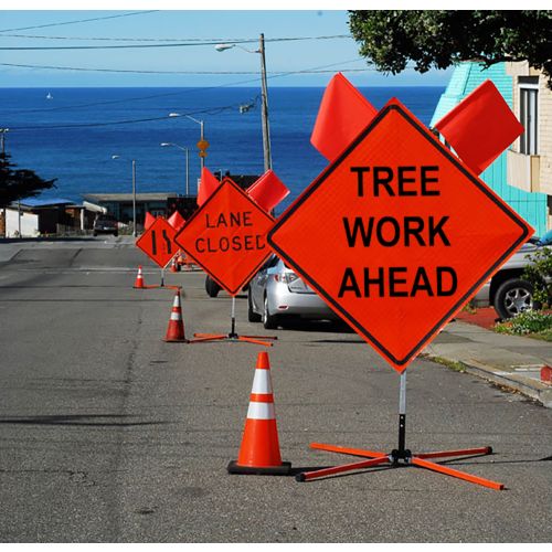 Bone Safety Signs TREE WORK AHEAD Roll-Up Sign – 36", Fluorescent Vinyl, With Ribs