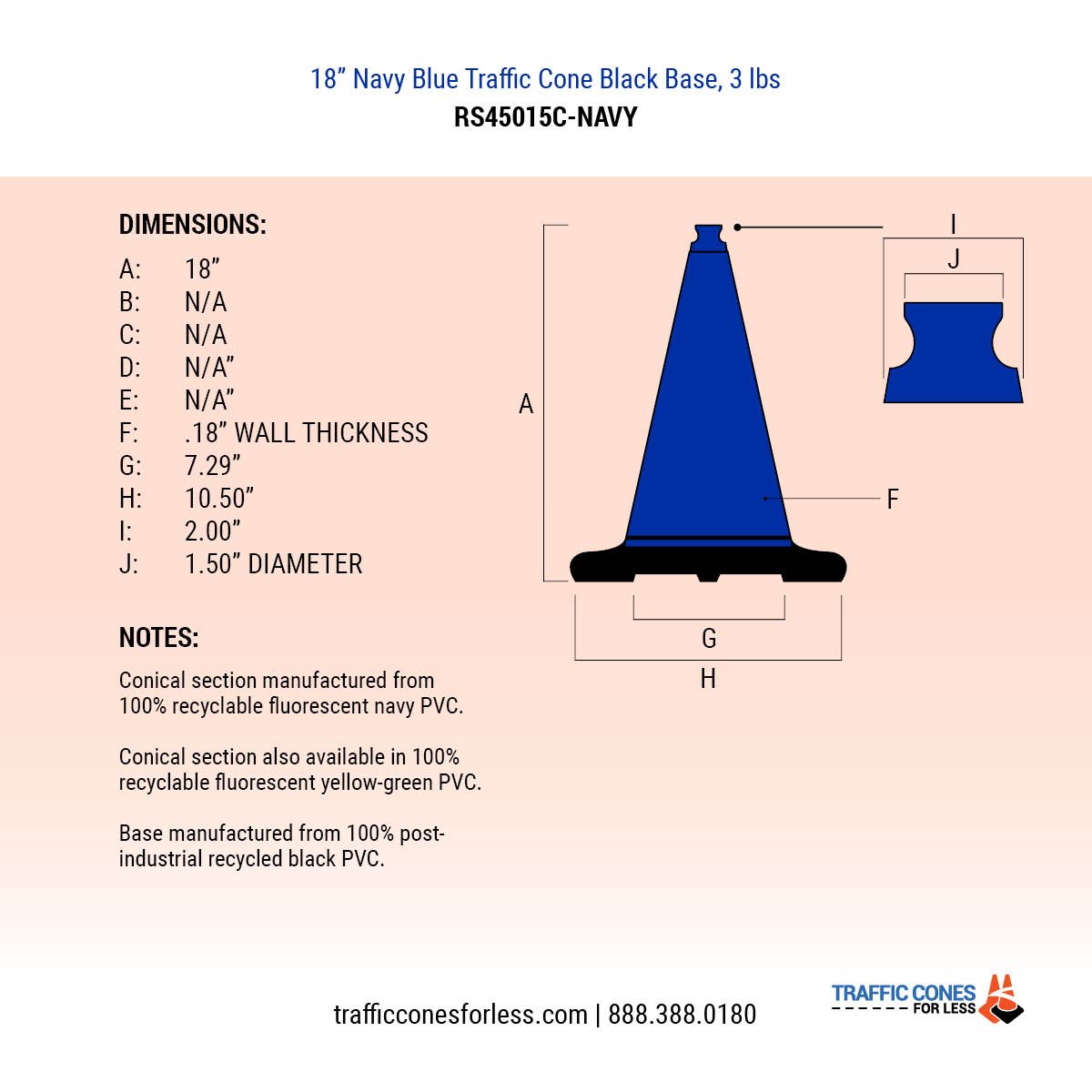 18" Navy Blue Traffic Cone Black Base, 3 lbs Traffic Cones For Less