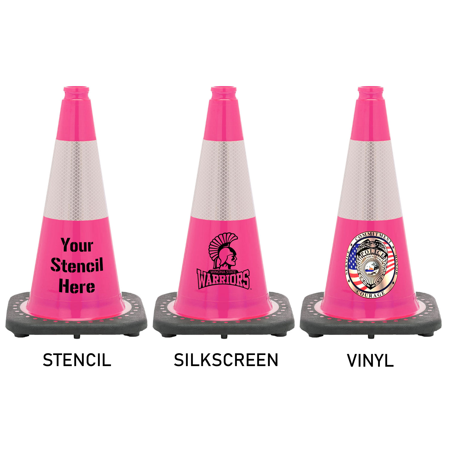 18" Pink Traffic Cone Black Base, 3lbs w/6" Reflective Collar Traffic