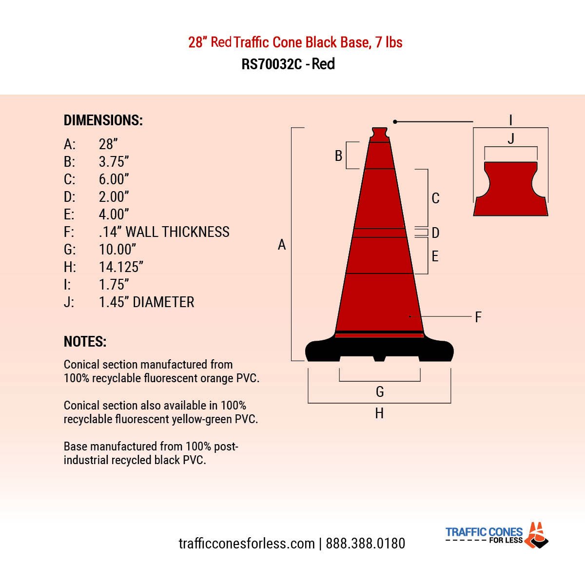 28" Red Traffic Cone 7lb Black Base