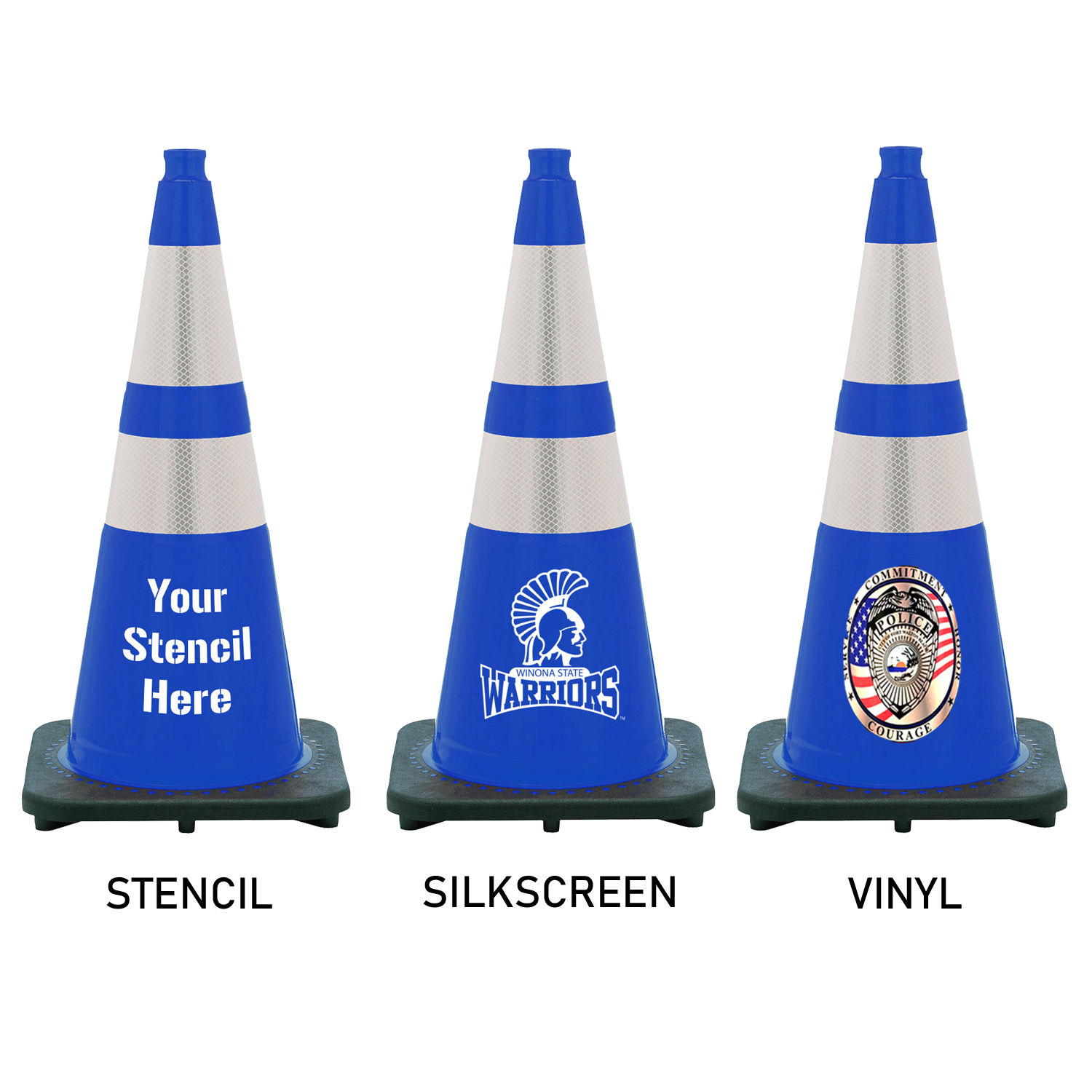 28" Blue Traffic Cone Black Base, 7lbs w/ 6" & 4" 3M Reflective Collar