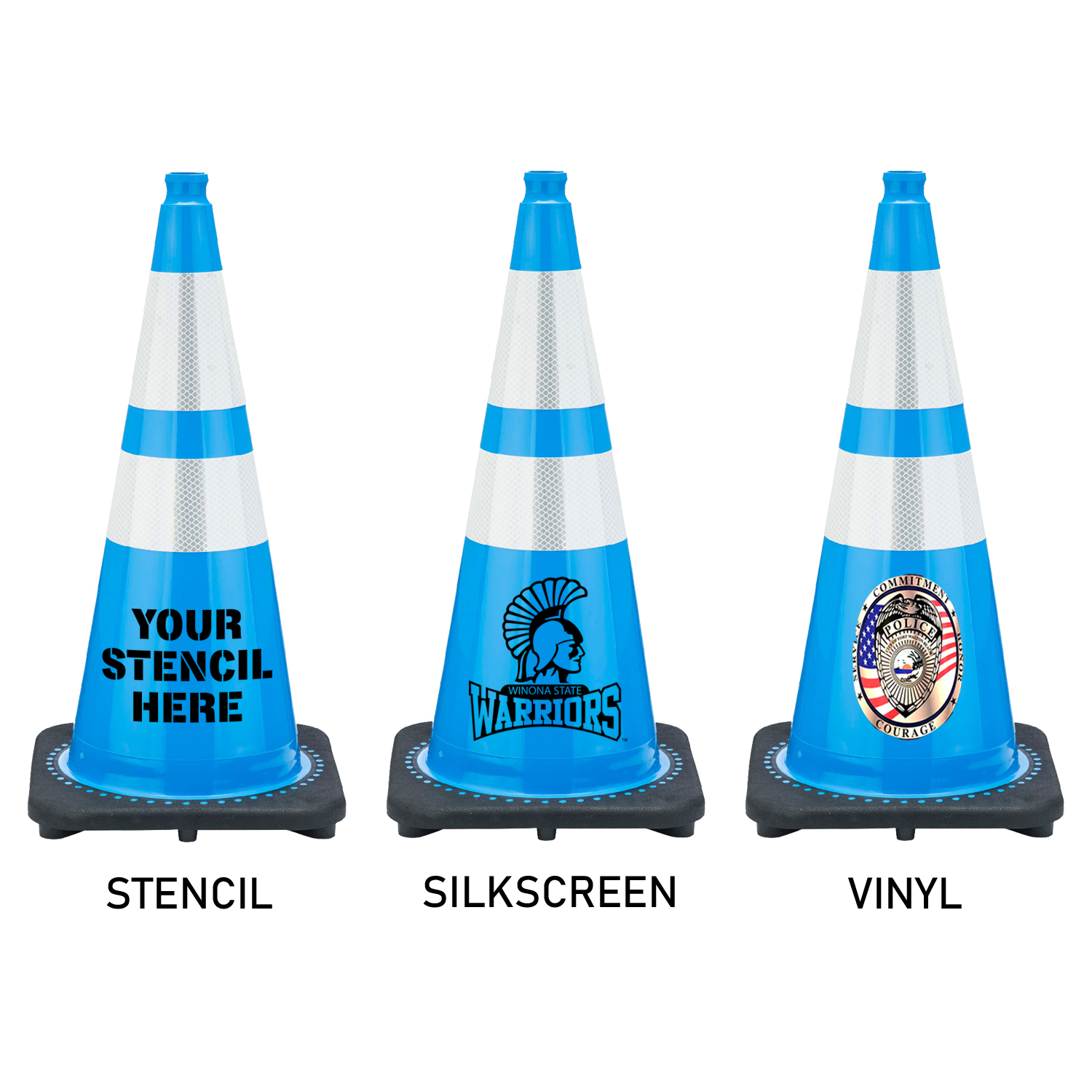 28" Sky Blue Traffic Cone Black Base, 7lbs w/ 6" & 4" 3M Reflective