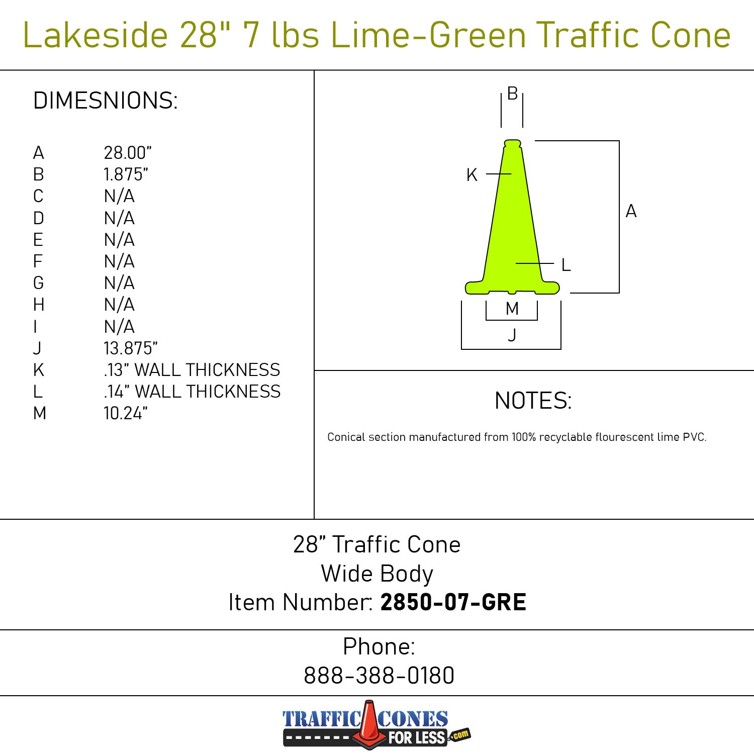 Lakeside 28" 7 lbs Lime Green Traffic Cone Traffic Cones For Less