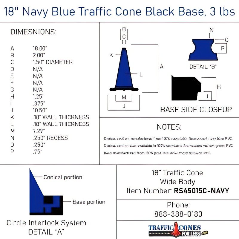 18" Navy Blue Traffic Cone Black Base, 3 lbs Traffic Cones For Less