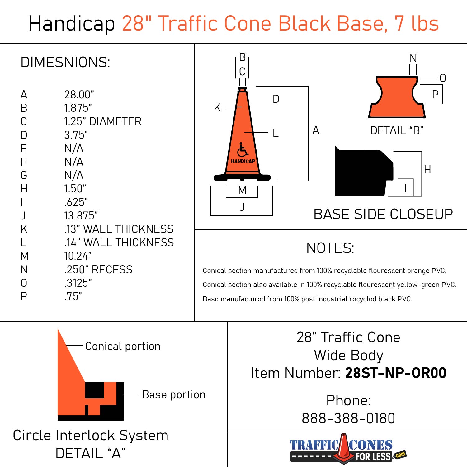 Handicap 28" Traffic Cone Black Base, 7 lbs Traffic Cones For Less