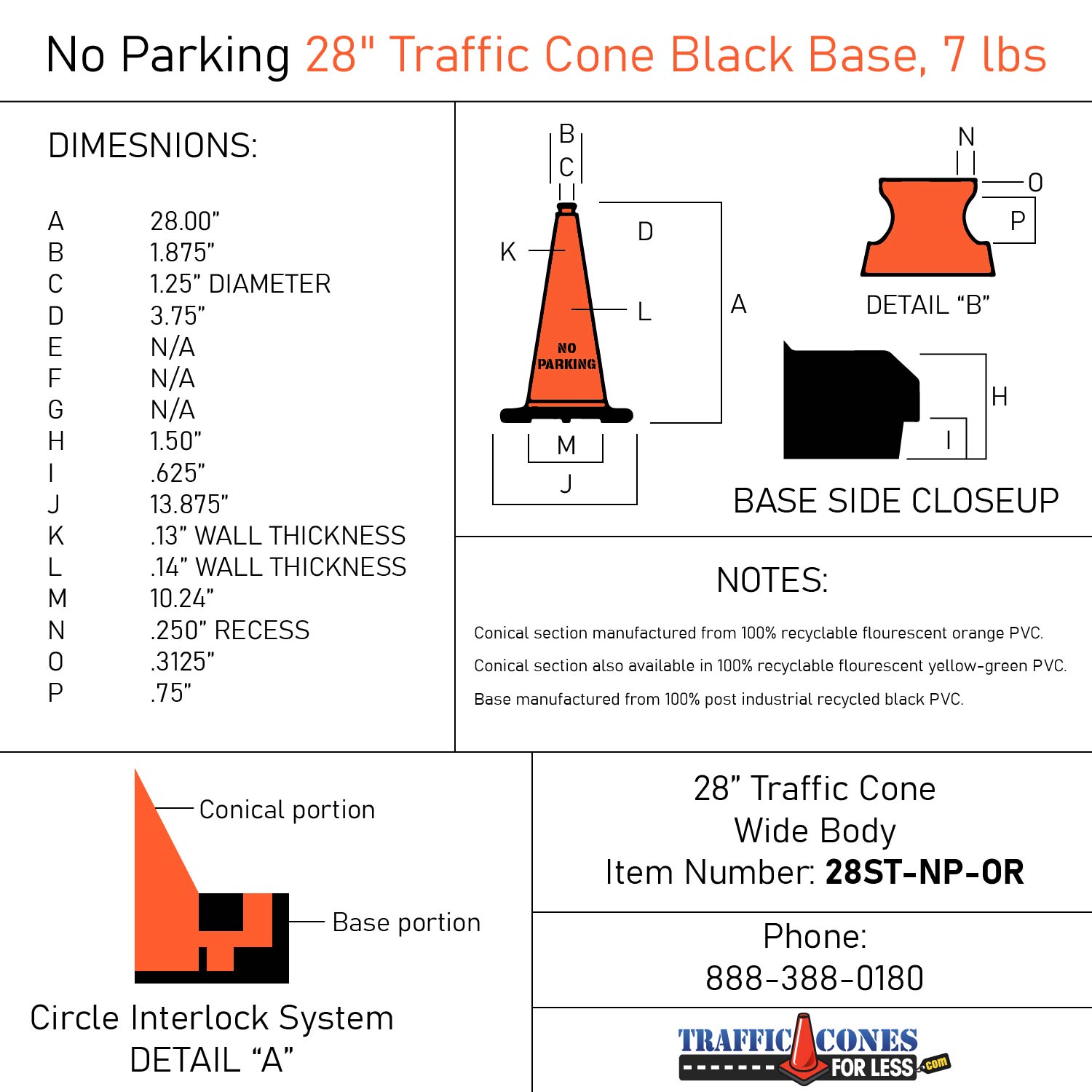 No Parking 28" Traffic Cone Black Base, 7 lbs Traffic Cones For Less