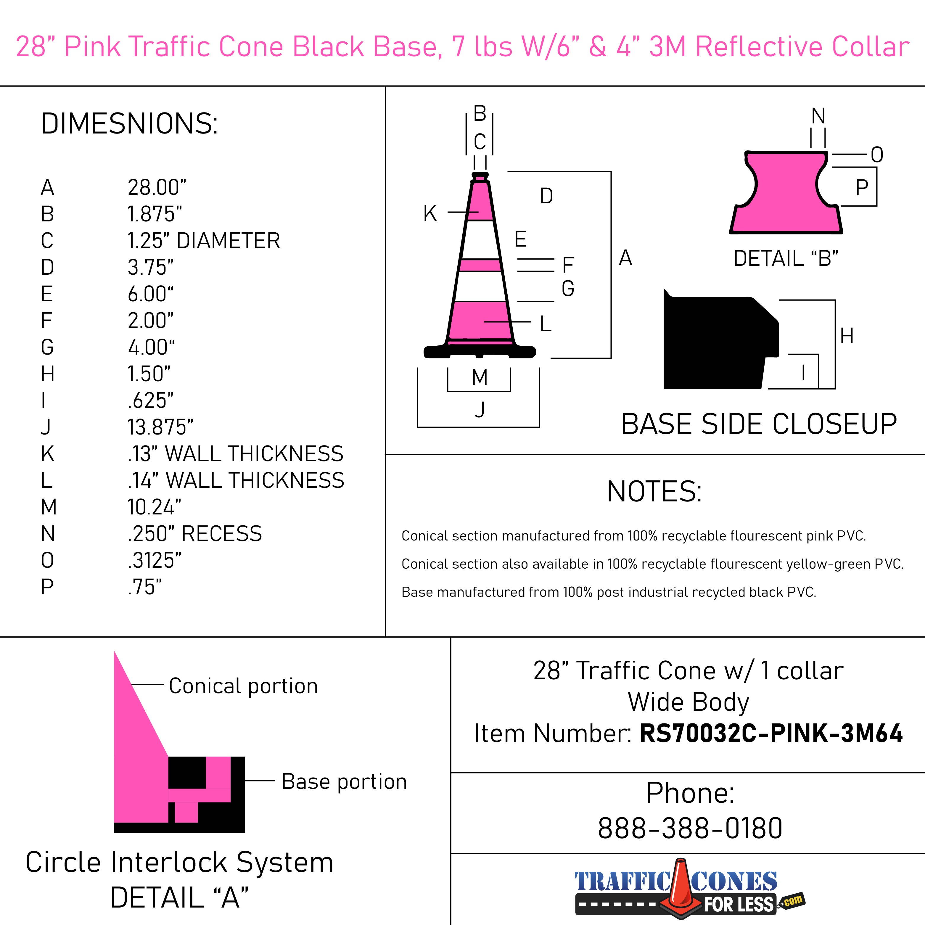 28" Pink Traffic Cone Black Base, 7lbs w/6"&4" 3M Collar