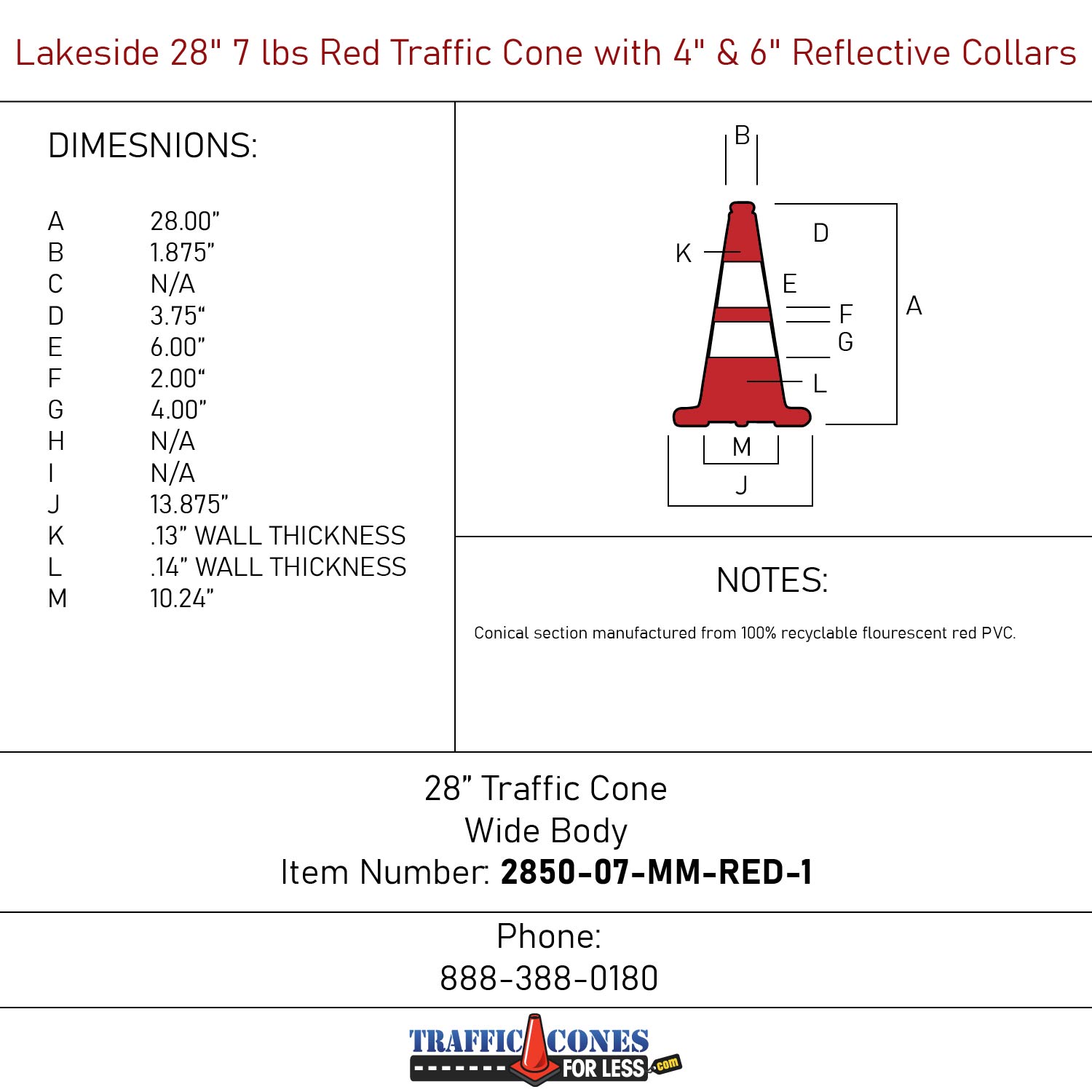 28" 7 LB Red Traffic Cone with 4" & 6" Reflective Collars