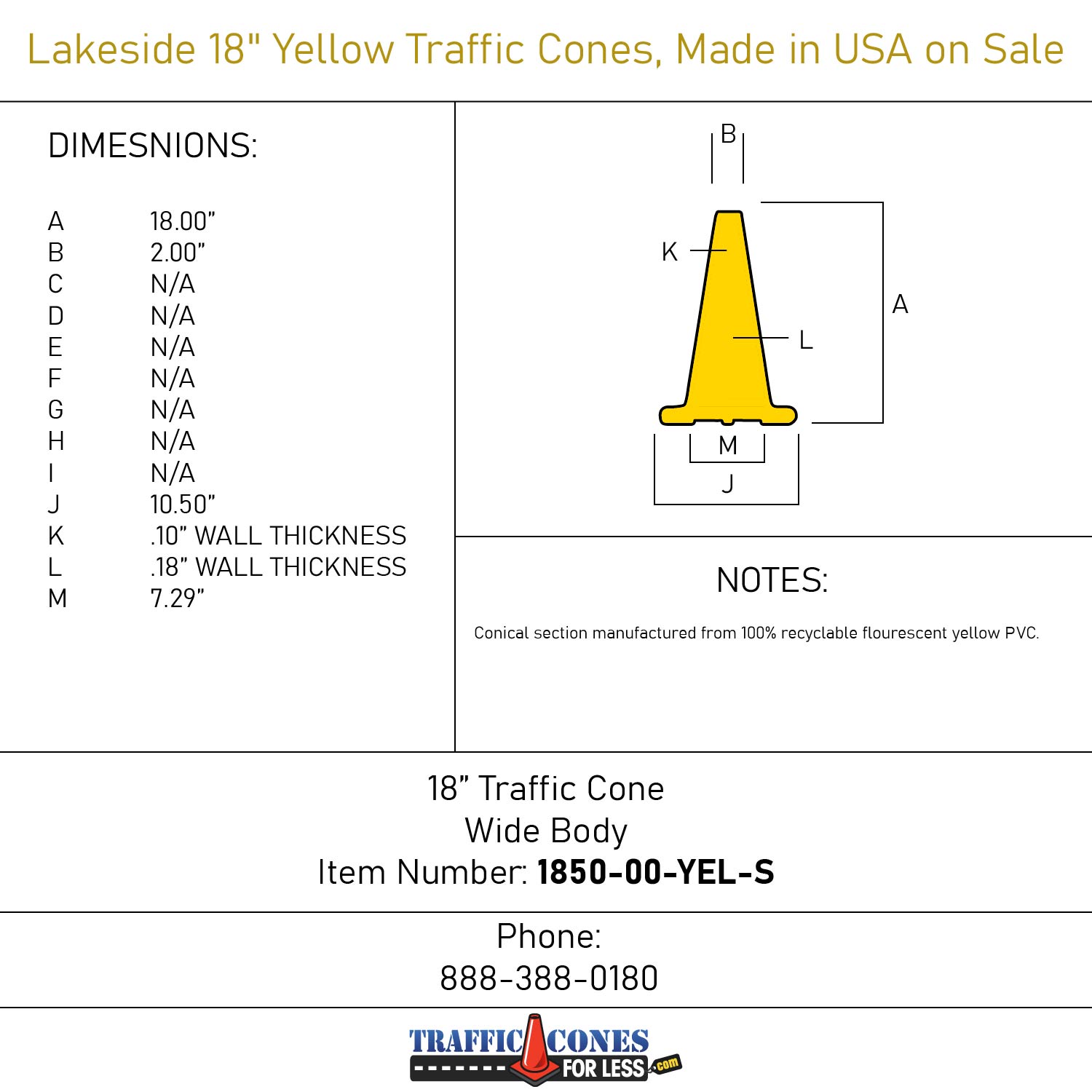 18" Yellow Traffic Cones, Made in USA on Sale Traffic Cones For Less