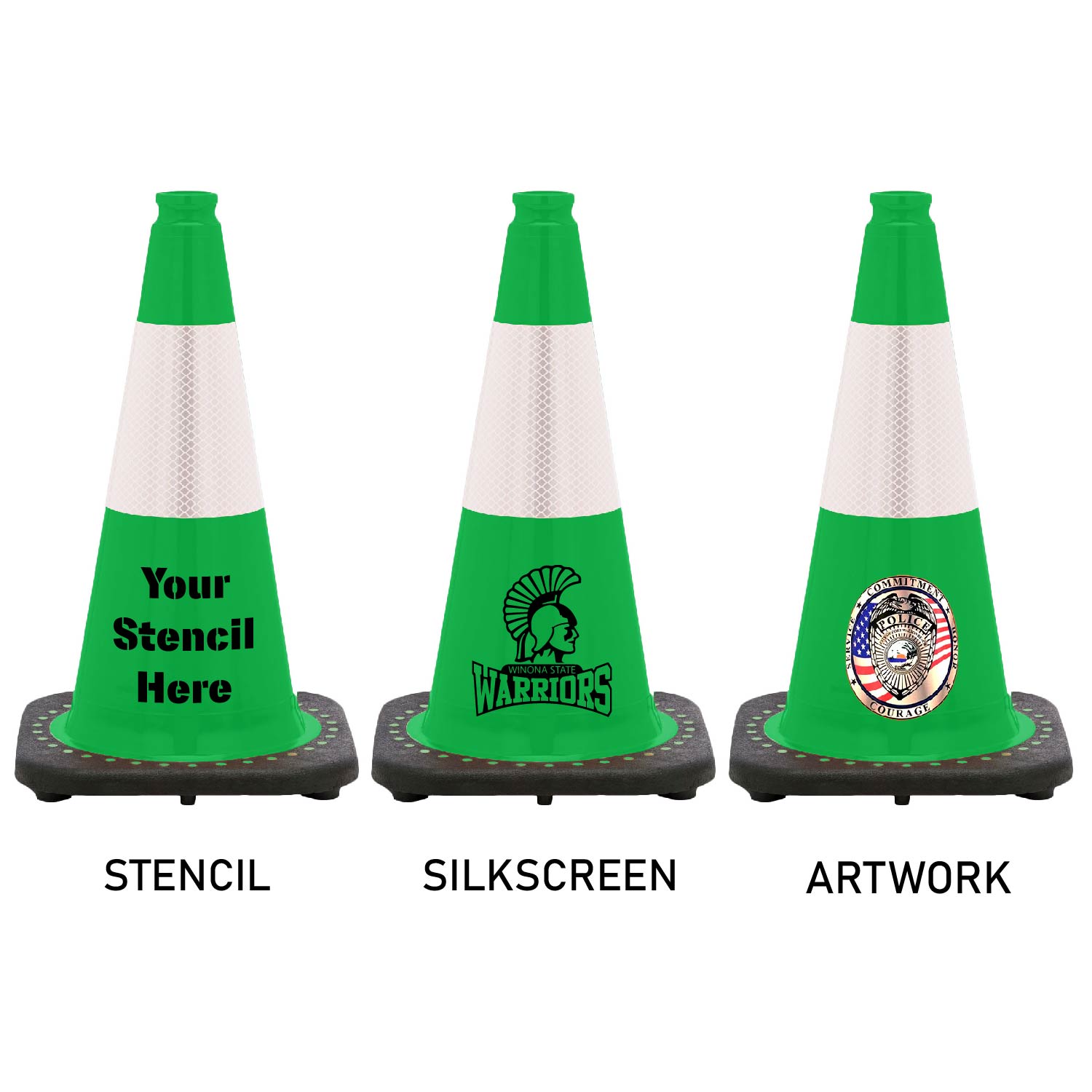 18" Kelly Green Traffic Cone Black Base with Reflective Collar