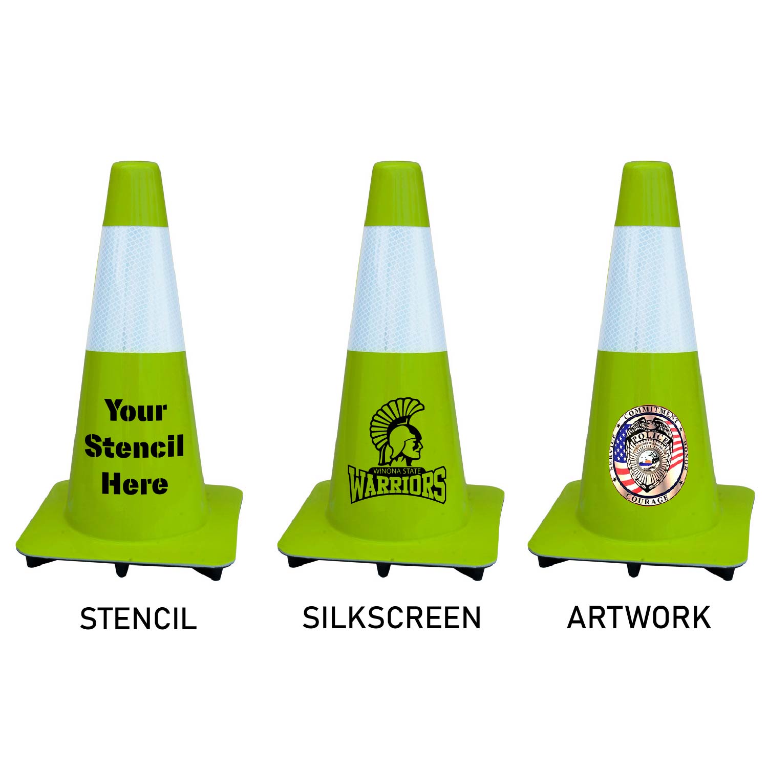 18" LimeGreen Traffic Cones w/6" Reflective Collar, Made in USA