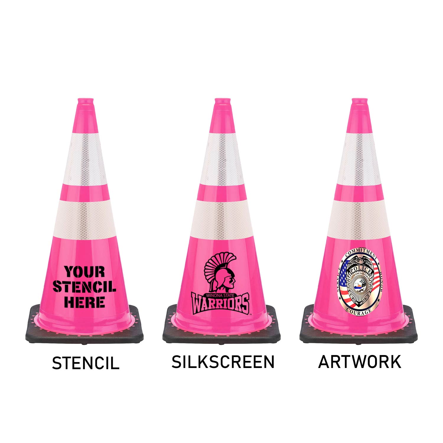 28" Pink Traffic Cone Black Base, 7lbs w/6"&4" 3M Collar