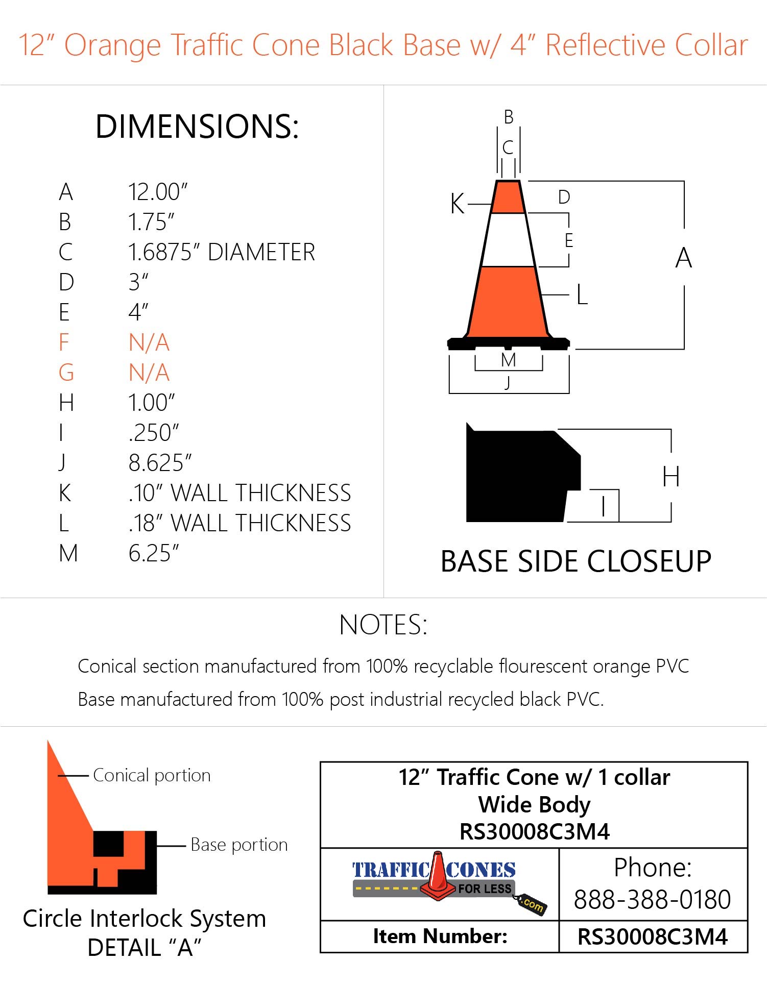 JBC 12" Orange 1.8 LB Traffic Cone w/ 4" Reflective Collar Traffic