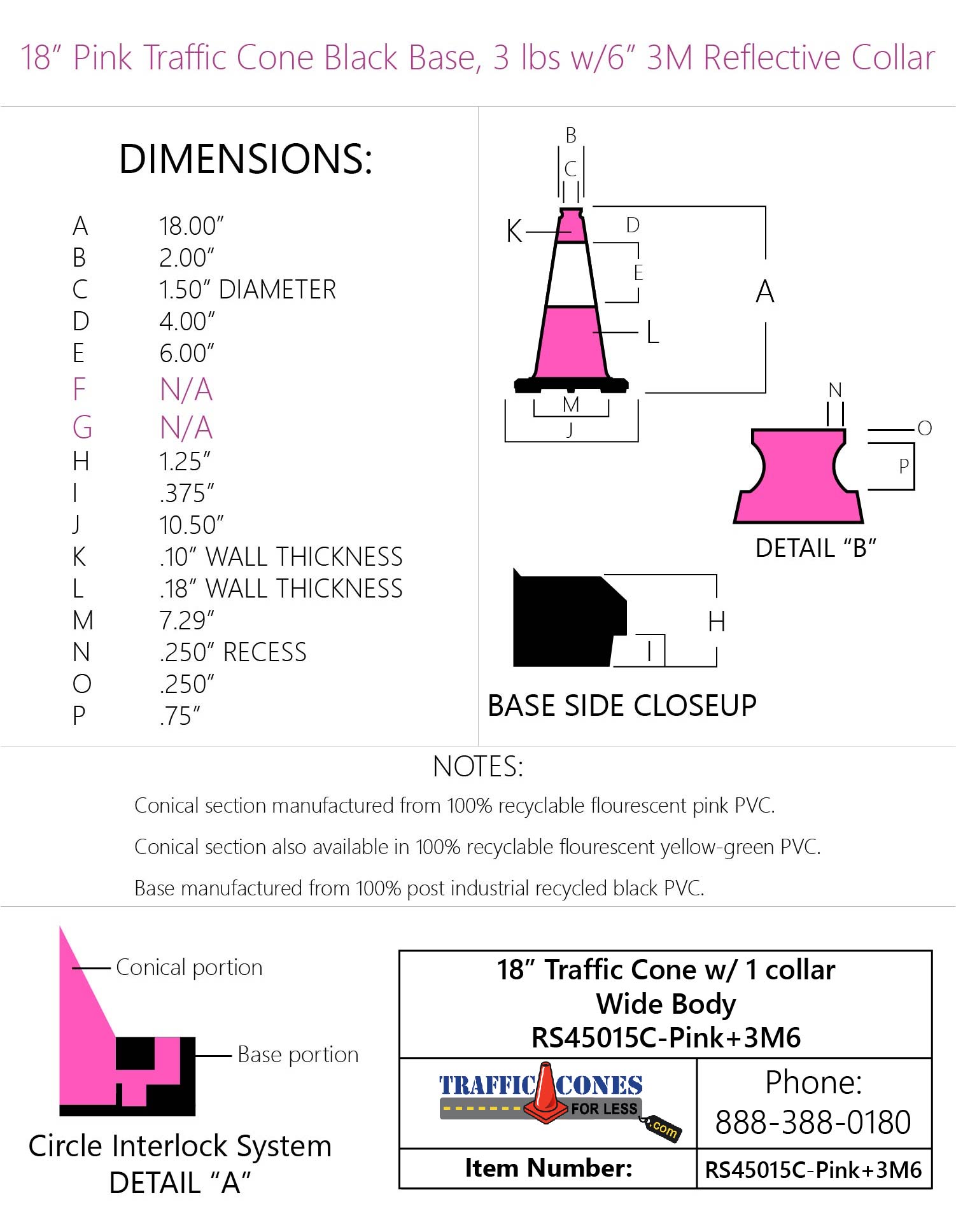 18" Pink Traffic Cone Black Base, 3lbs w/6" Reflective Collar Traffic