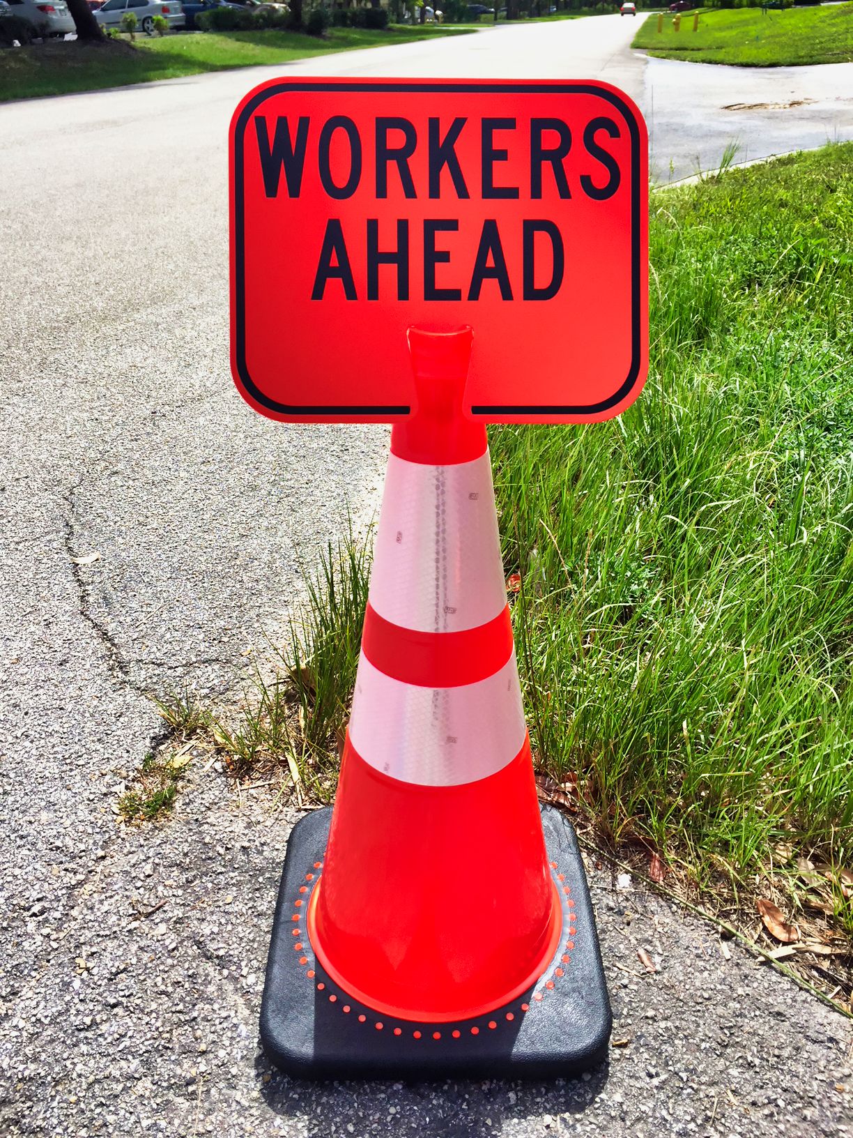 Traffic Cone Sign- WORKERS AHEAD.