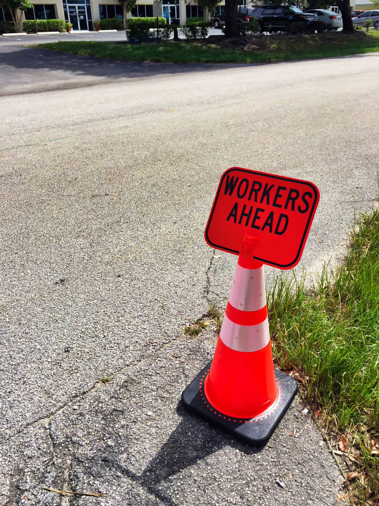 Traffic Cone Sign WORKERS AHEAD Black on Orange Traffic Cones For Less