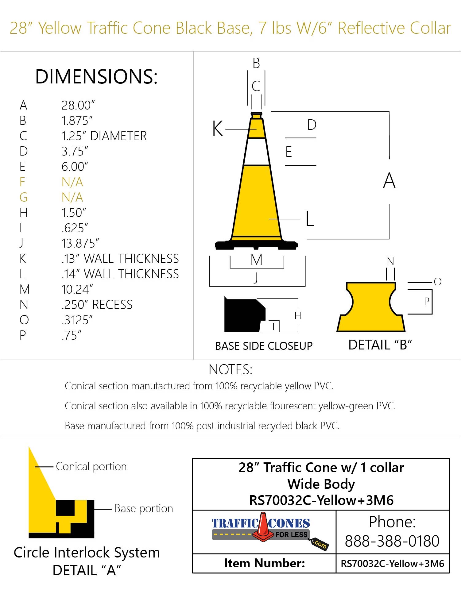 28" Yellow Traffic Cone Black Base, 7lbs w/6" Reflective Collar