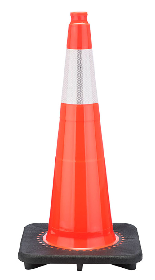28" Slim Orange Traffic Cone, 7 lb Black Base, w/6" Reflective Collar