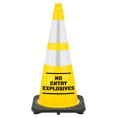 28" Yellow No Entry Explosives STENCIL Traffic Cone, 7 lb Black Base,  w/6" & 4" Reflective Collar