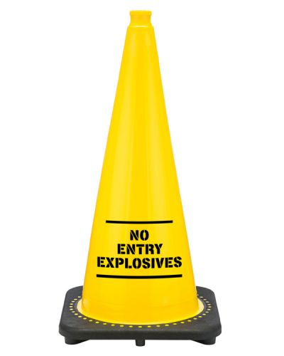 28" Yellow No Entry Explosives STENCIL Traffic Cone, 7 lb Black Base