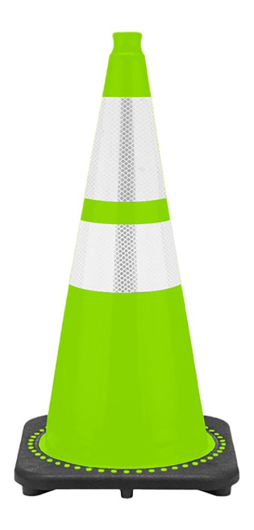 28" Lime Green Traffic Cone, 7 lb Black Base,  w/6" & 4" 3M Reflective Collars