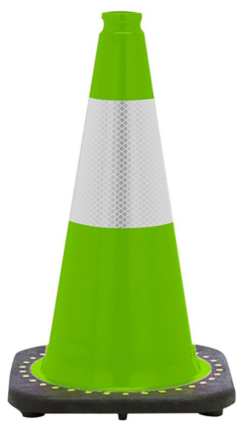 18" Lime Green Traffic Cone, 3 lb Black Base, w/6" Reflective Collar