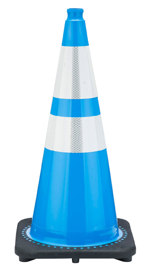 28" Sky Blue Traffic Cone, 7 lb Black Base, w/6" & 4" 3M Reflective Collars