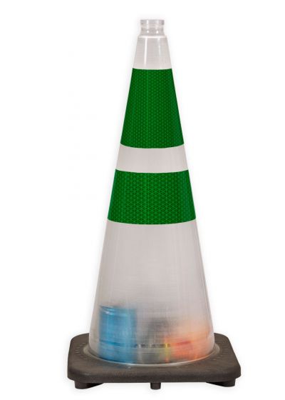 28" High Risk Clear Traffic Cone, 7 lbs w/ 6" & 4" 3M Green Reflective Collar