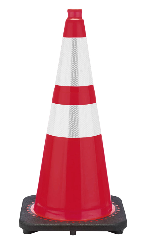 28" Red Traffic Cone, 7 lb Black Base, w/6" & 4" 3M Reflective Collars