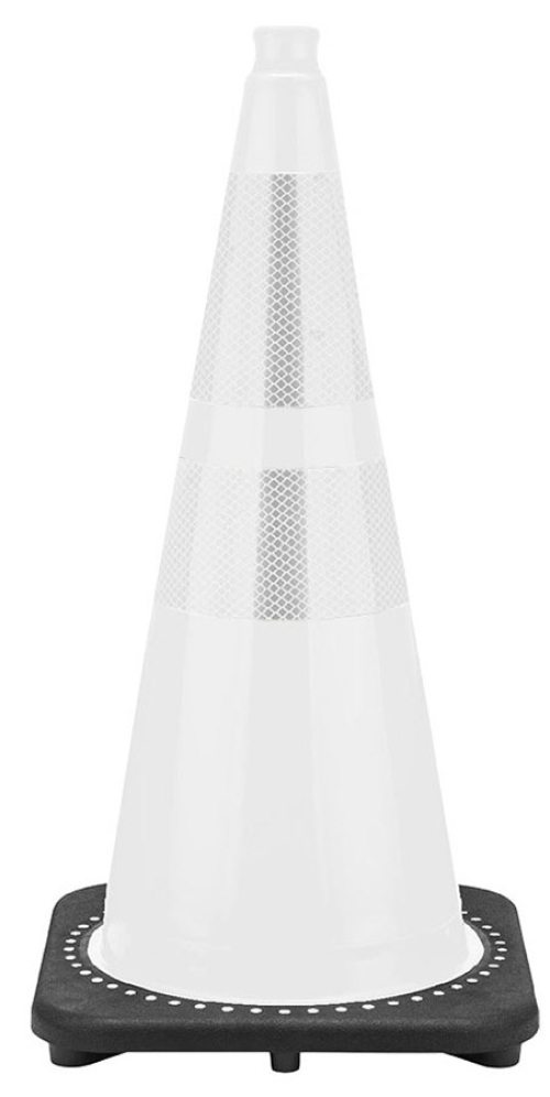 28" White Traffic Cone,  7 lb Black Base, w/4" & 6" Reflective Collars