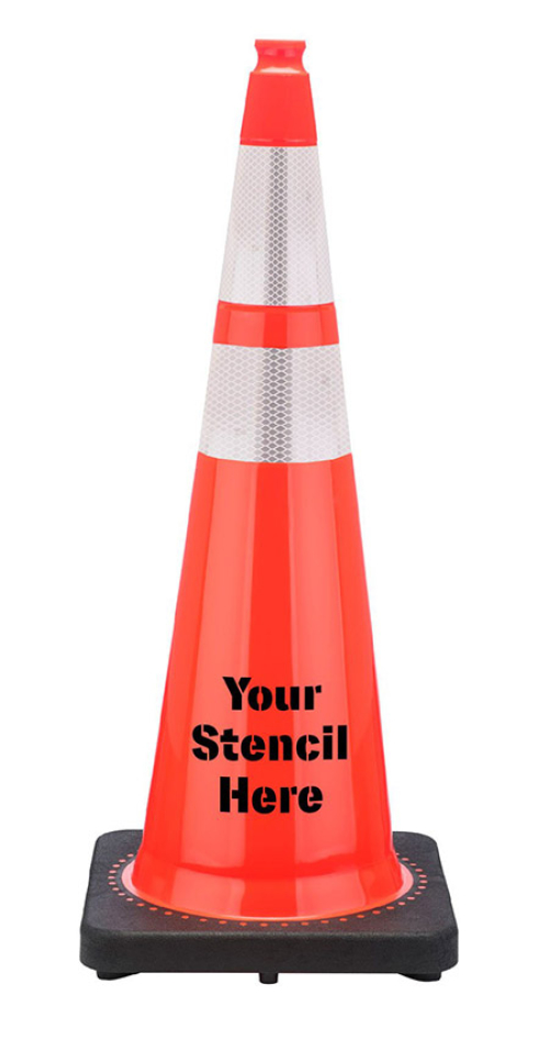 FREE STENCIL 36" Orange Traffic Cone, 12 lb Black Base, w/6" & 4" 3M Reflective Collar 