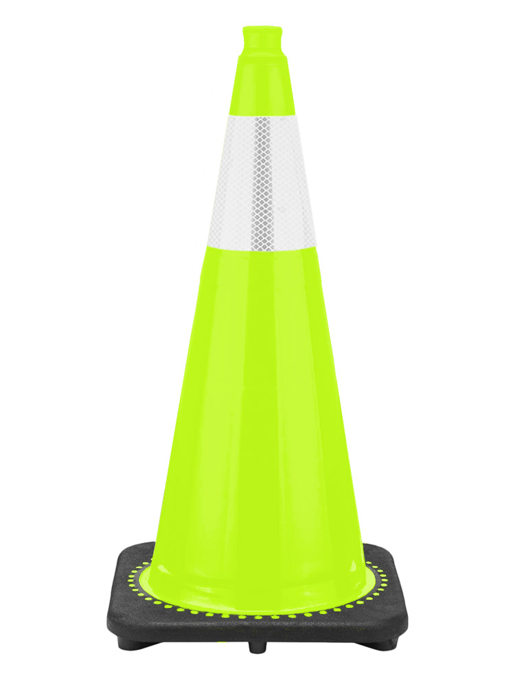28" Lime Green Traffic Cone Black Base, 7 lbs with Reflective Collar