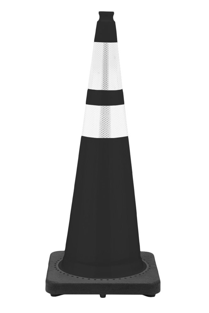 36" Black Traffic Cone Black Base, 10 lbs w/6" & 4" Reflective Collars