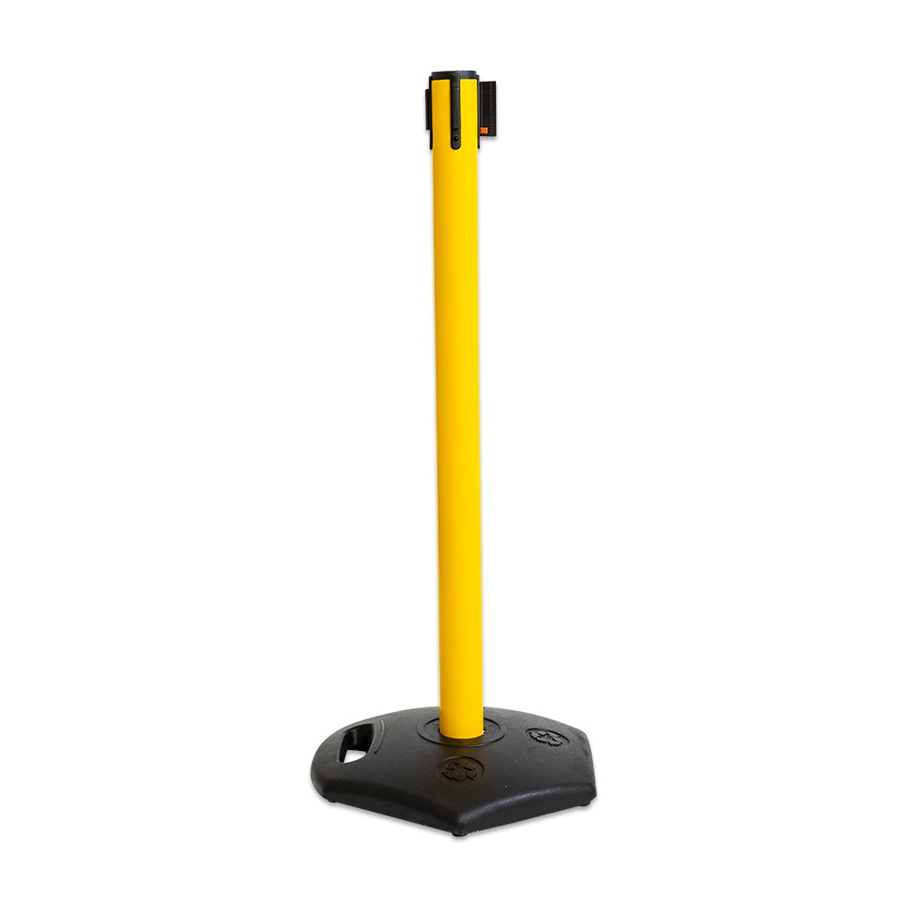 Yellow Outdoor Retractable Barrier Post w/Belt & Rubber Base