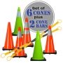 28" Lime Green or Orange Traffic Cones 6 Pack - Includes 2 Cone Bars