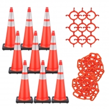 36" Orange Traffic Cone, 10 lb Black Base, w/6" & 4" 3M Reflective Collar, Connector Chain Kit