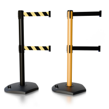 Outdoor Retractable Dual Line Belt Barrier Post, 11 ft Belt, Rubber Base