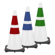 28" White Traffic Cone, 7 lb Black Base w/3M 6" & 4" Reflective Collars