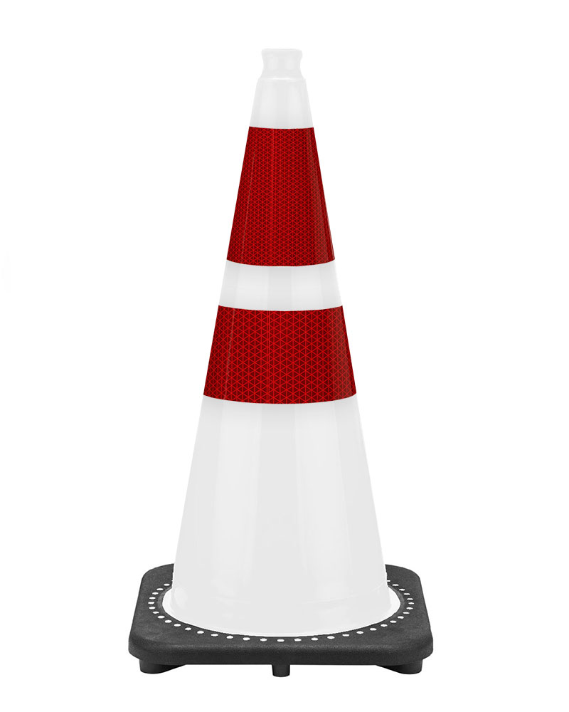 28" White Traffic Cone, 7 lb Black Base, w/ 3M 6" & 4" Reflective Collars