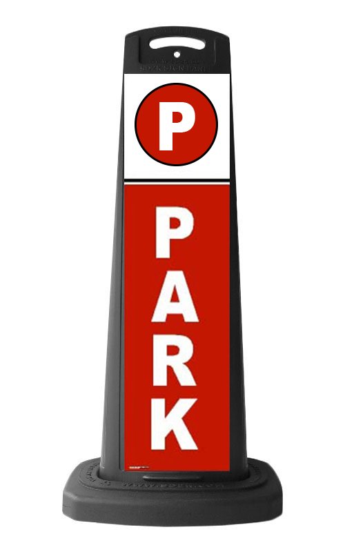 Black Reflective Vertical Sign Panel w/Base Option - White Park Text on Red