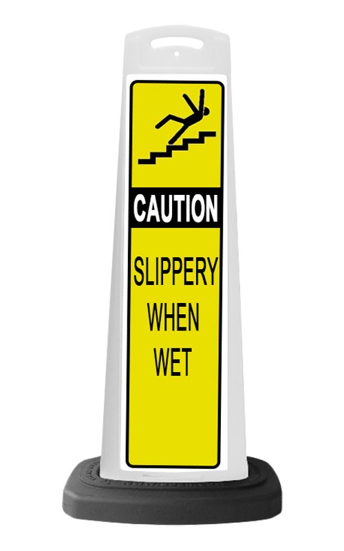 White Reflective Vertical Sign Panel w/Base Option - Caution Slippery When Wet
