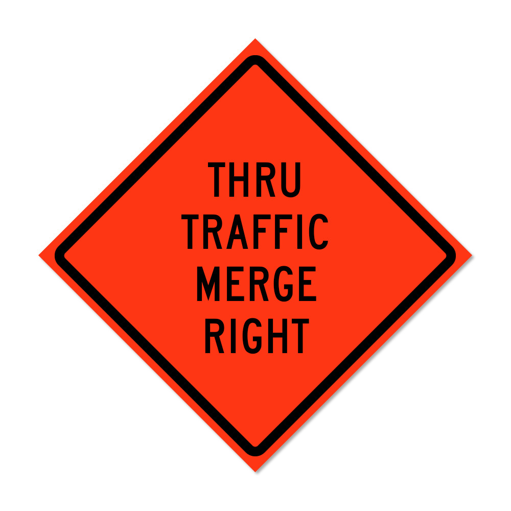 48" x 48" Roll Up Traffic Sign - Thru Traffic Merge Right