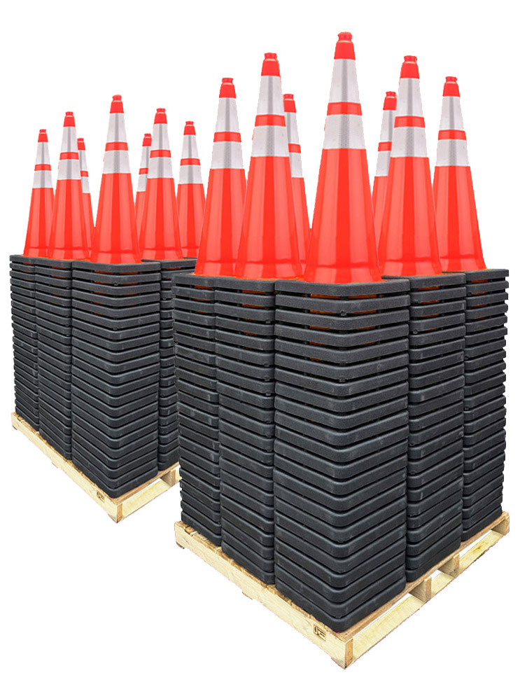 Two Pallets 36" Traffic Cones, 12lb Black Base, w/6" & 4" 3M Reflective Collars - Select Color